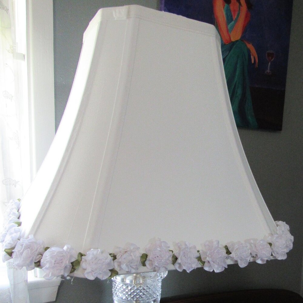 ELEGANT WHITE LAMP SHADE FLORAL TRIM 11" TALL 13" WIDE AT THE BOTTOM